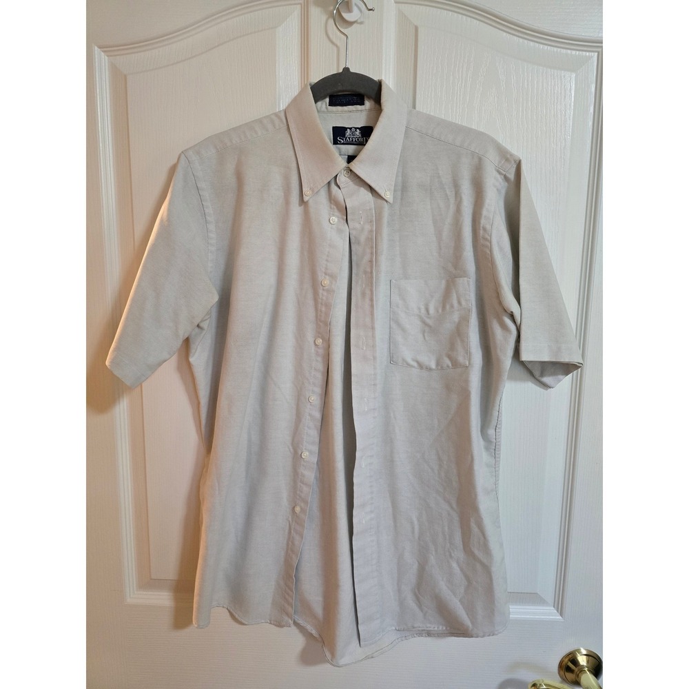 Stafford Mens Beige Oxford Cloth Short Sleeve Button Down Shirt Size 15.5 /0542